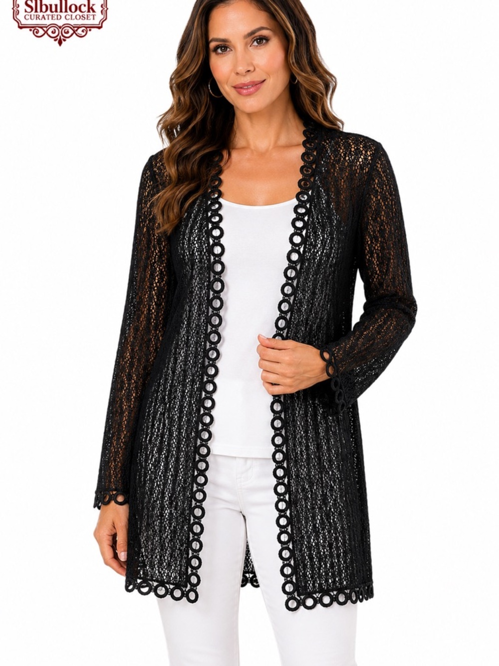 M3 Bette Paige Black Open Front Crochet Cardigan Size Medium Sheer Stretch Knit